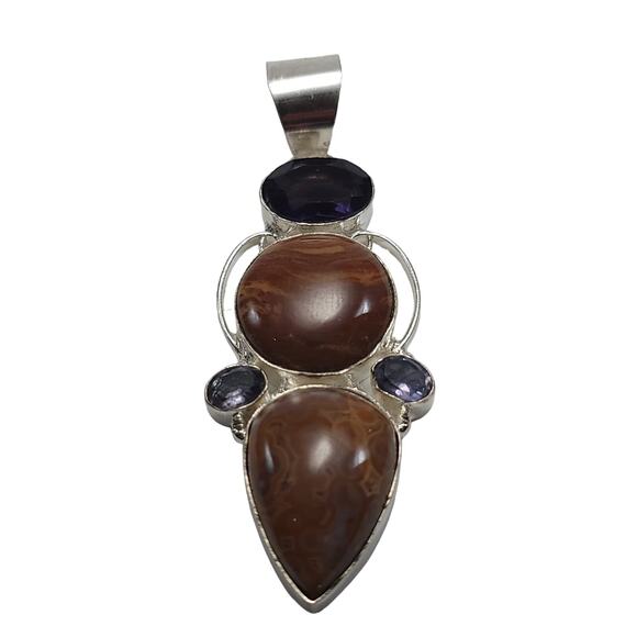 Sterling Silver Brown Stone Duo Pendant Necklace - Picture 1 of 10